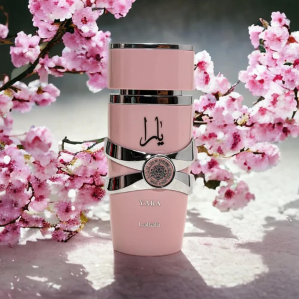 Lattafa Yara Eau de Parfum box packaging in pastel pink with floral embossing