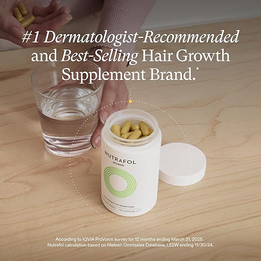 Nutrafol hair growth supplement bottle with pills and water on a wooden surface, featuring text about the brand's reputation.