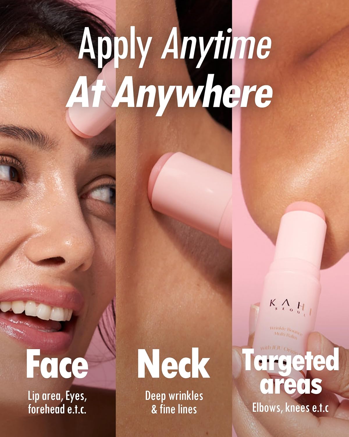 Product application on face, neck, and targeted areas with text 'Apply Anytime At Anywhere'.