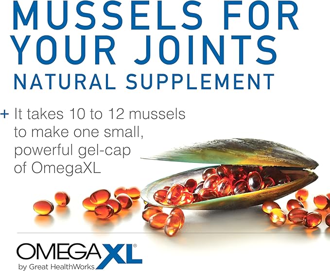 Advertisement for OmegaXL natural supplement with mussels and capsules on a white background