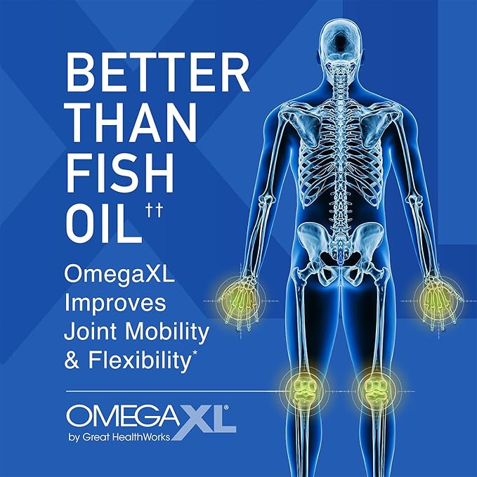 Advertisement for OmegaXL showing a human skeleton with highlighted joints on a blue background.