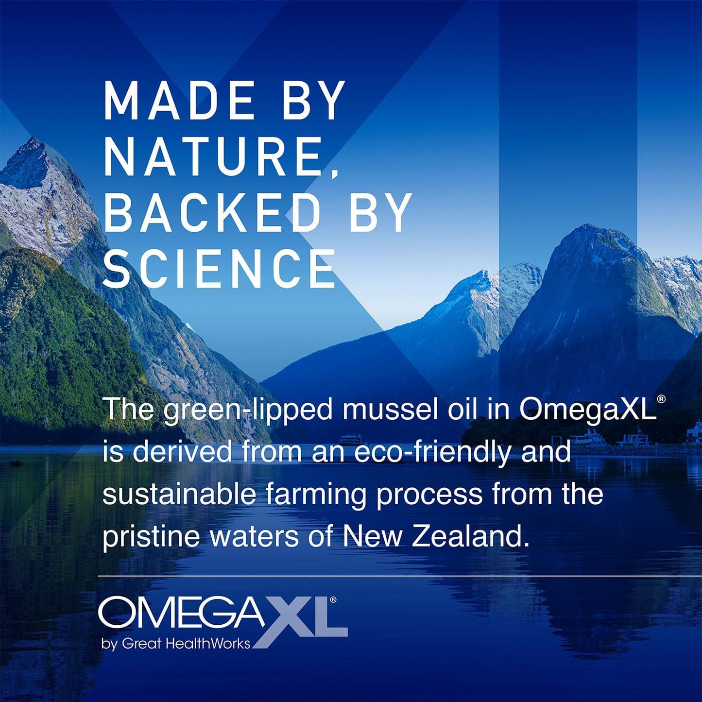 Advertisement for OmegaXL with mountain and lake background