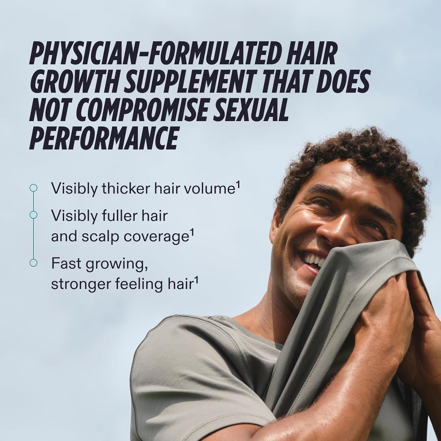 Advertisement for a hair growth supplement with a man smiling against a blue sky.