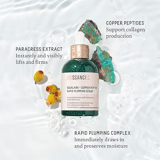 Biossance serum bottle with text about ingredients and benefits on a white background