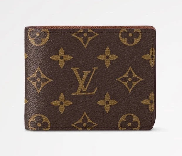 Brown wallet with gold monogram pattern on a white background