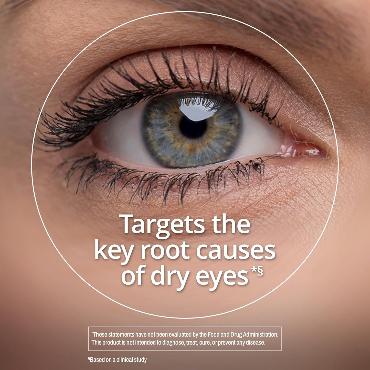 Close-up of a person's eye with text highlighting dry eyes solution.