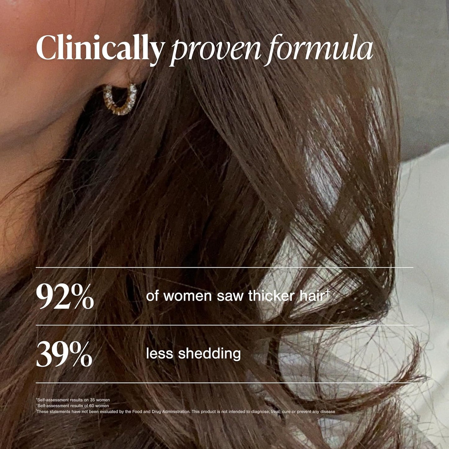Close-up of a person with brown hair, showing results of a clinically proven hair care formula.
