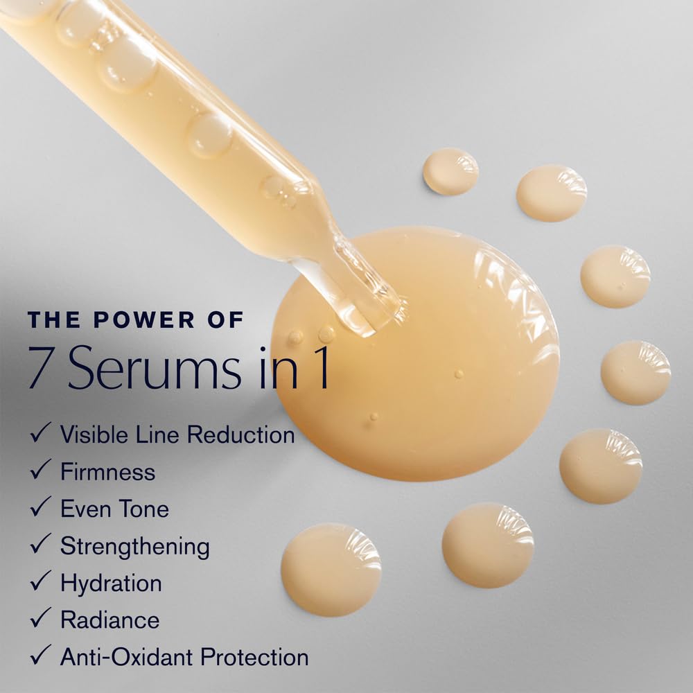 Cosmetic serum dropper with serum droplets on a gray background, highlighting features of a skincare product.