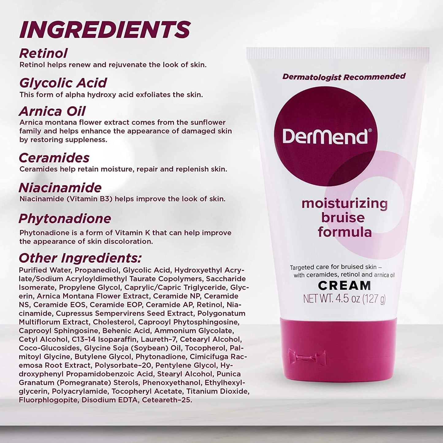 Dermend moisturizing bruise formula cream with ingredient list on a white background