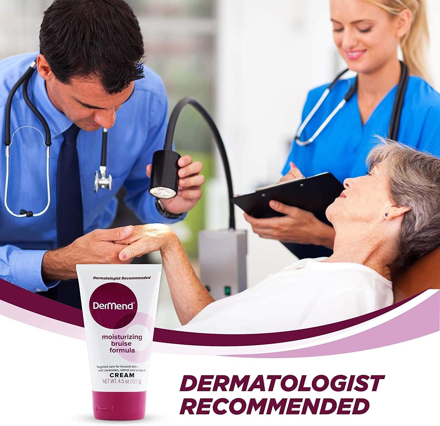 Dermatologist examining a patient with a tube of Dermend cream displayed.