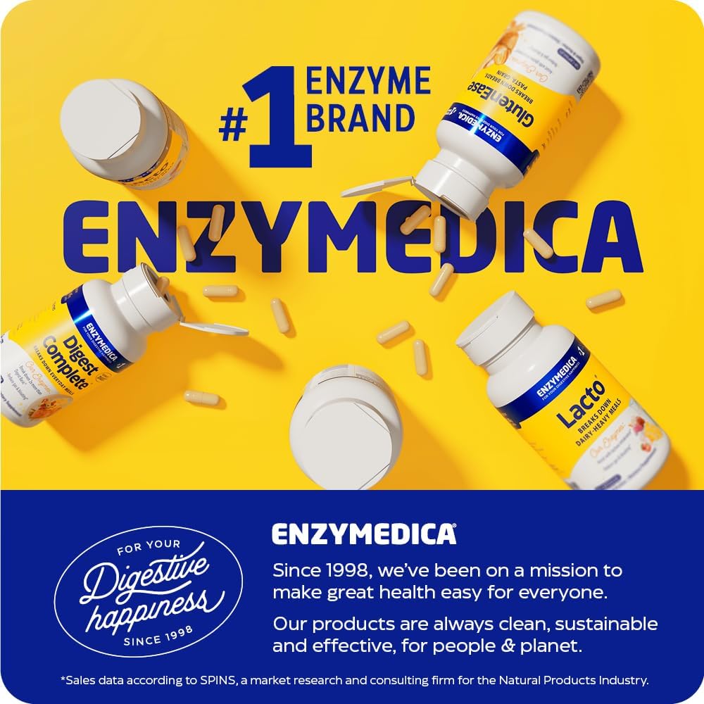 Enzymedica supplement bottles on a yellow background with brand text and logo.