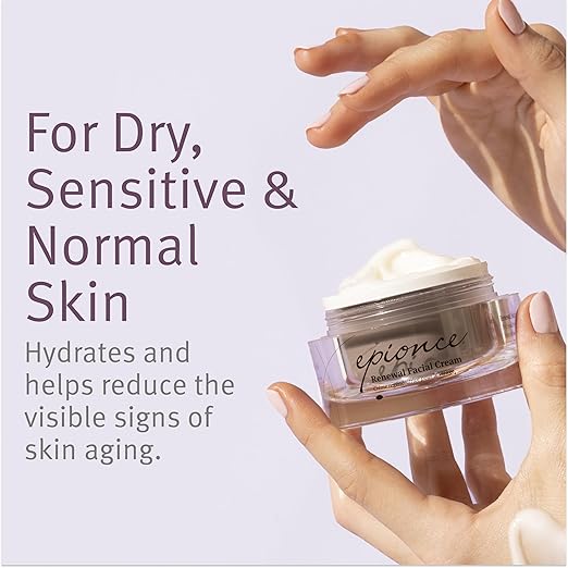 Hand holding a jar of epionce facial cream with text about skin types and benefits.