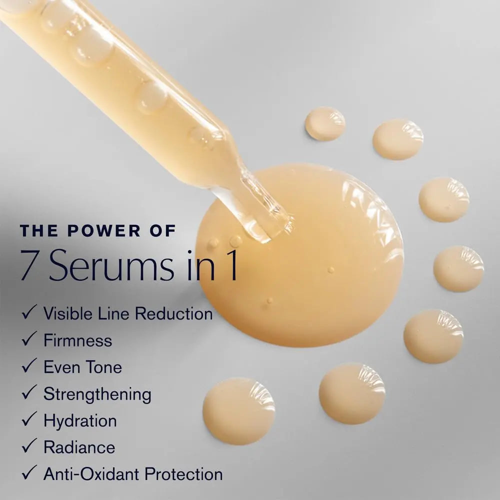 Cosmetic serum droplets with text highlighting its benefits on a gray background