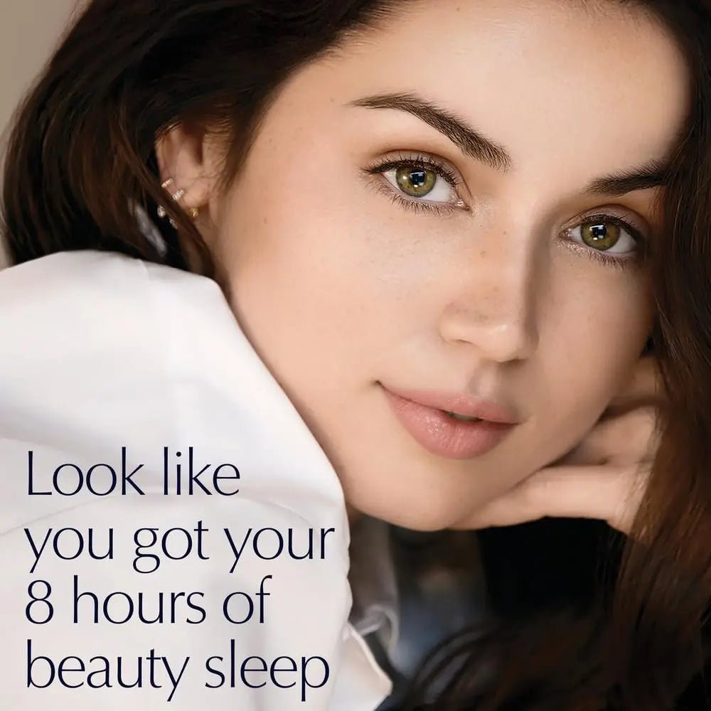 Close-up of a woman's face with text about beauty sleep.