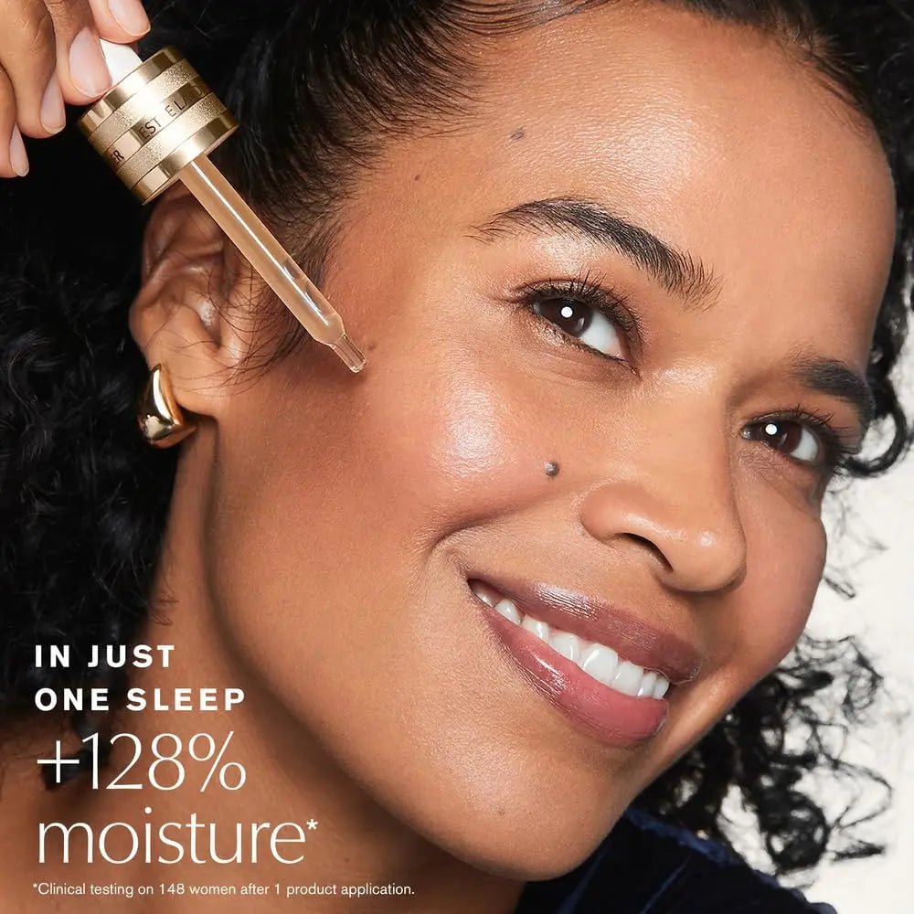 Woman applying a skincare product with text about moisture increase.