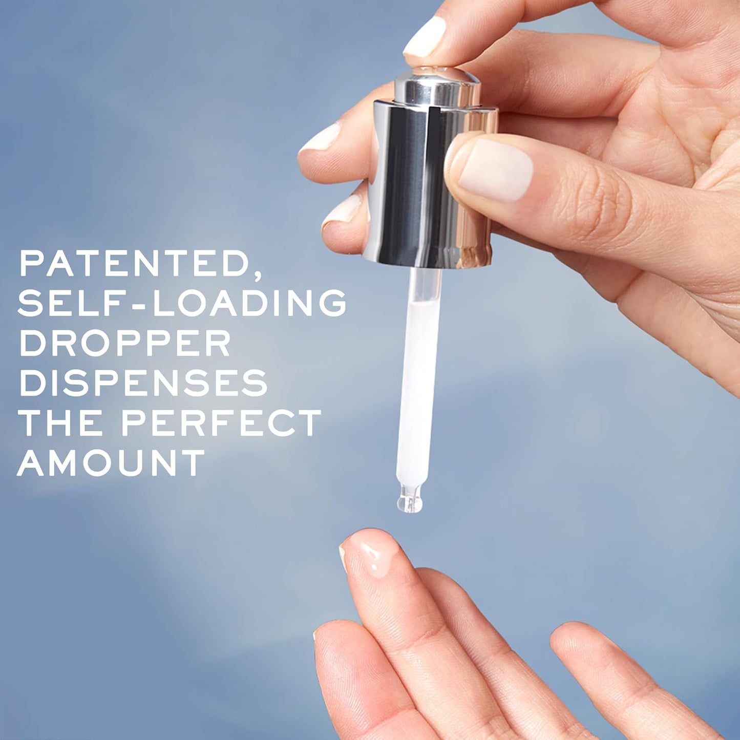 Hand holding a patented self-loading dropper with text on a blue background