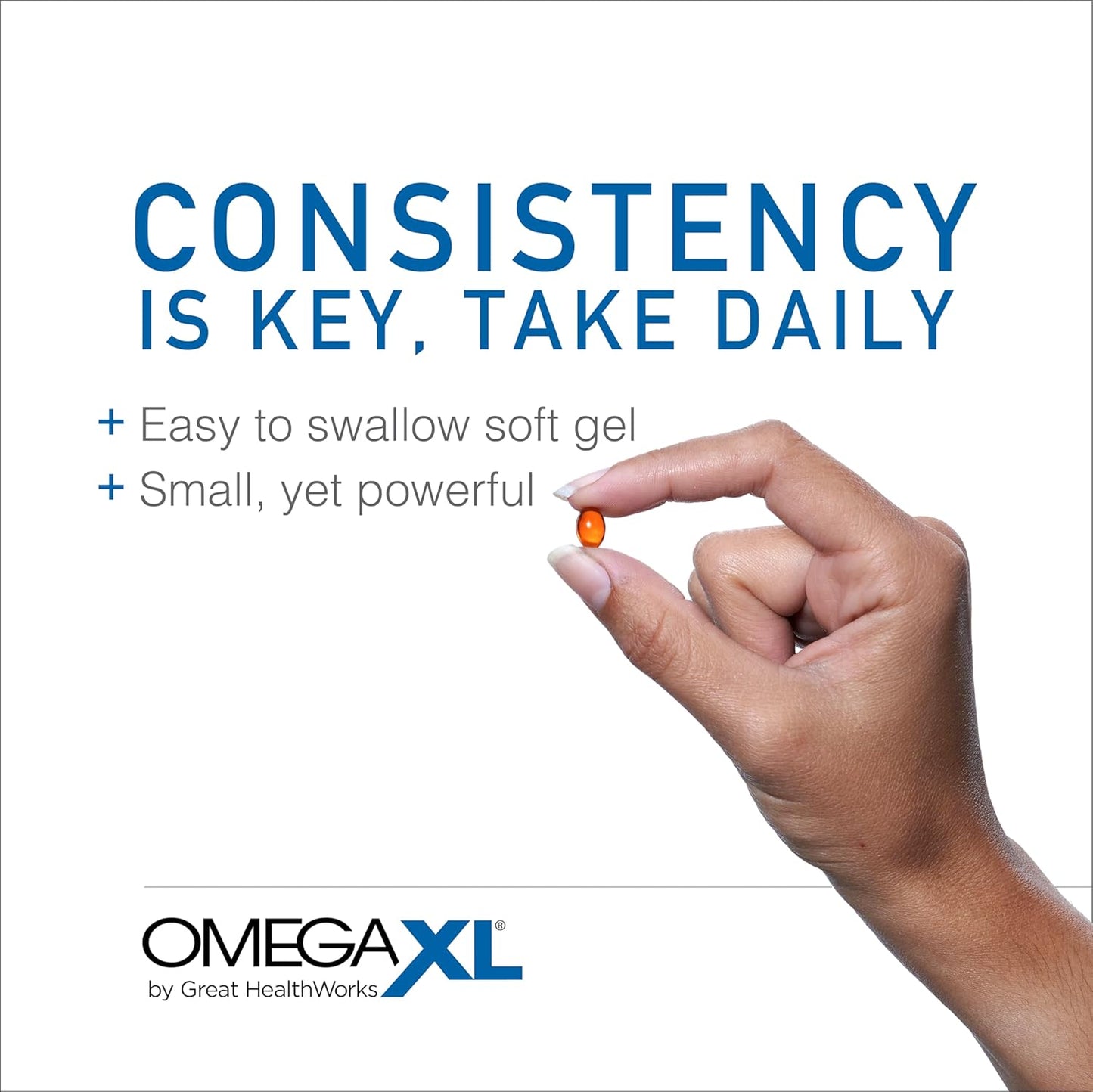 Hand holding a soft gel supplement with Omega XL branding and text about consistency and daily intake.
