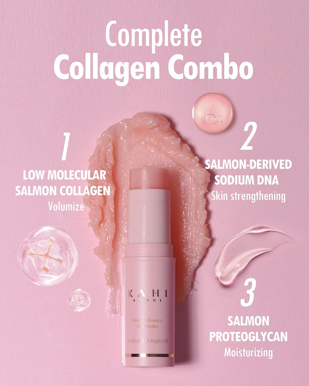 Kahi Complete Collagen Combo with product and ingredients on a pink background
