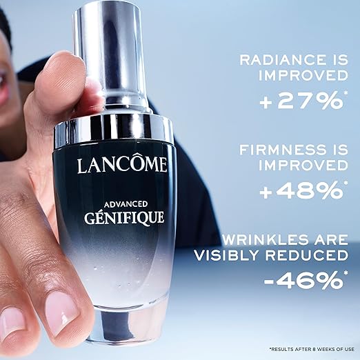 Lancème Advanced Génifique serum bottle held by a hand with product benefits text on a light blue background.