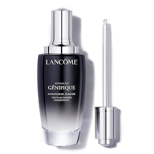 Lancème Advanced Génifique serum bottle with dropper on a white background