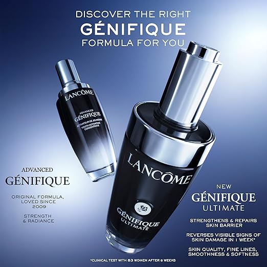Lancème Genifique skincare products on a gradient blue background