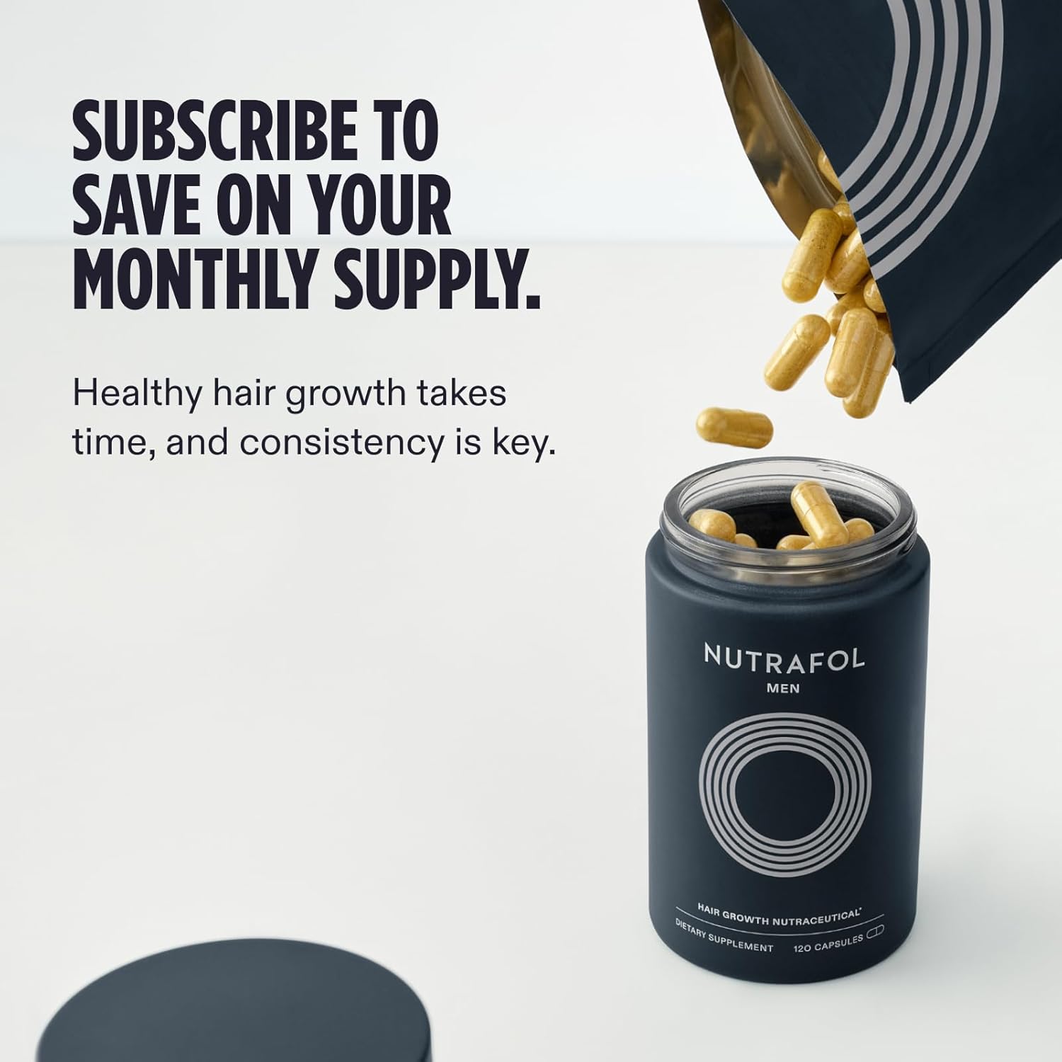 Nutrafol Men's hair growth supplement container with capsules being poured in, on a light gray background.