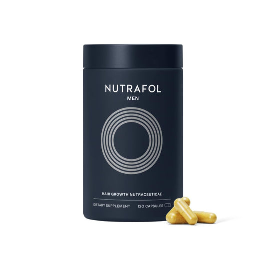 Nutrafol dietary supplement container with capsules on a white background
