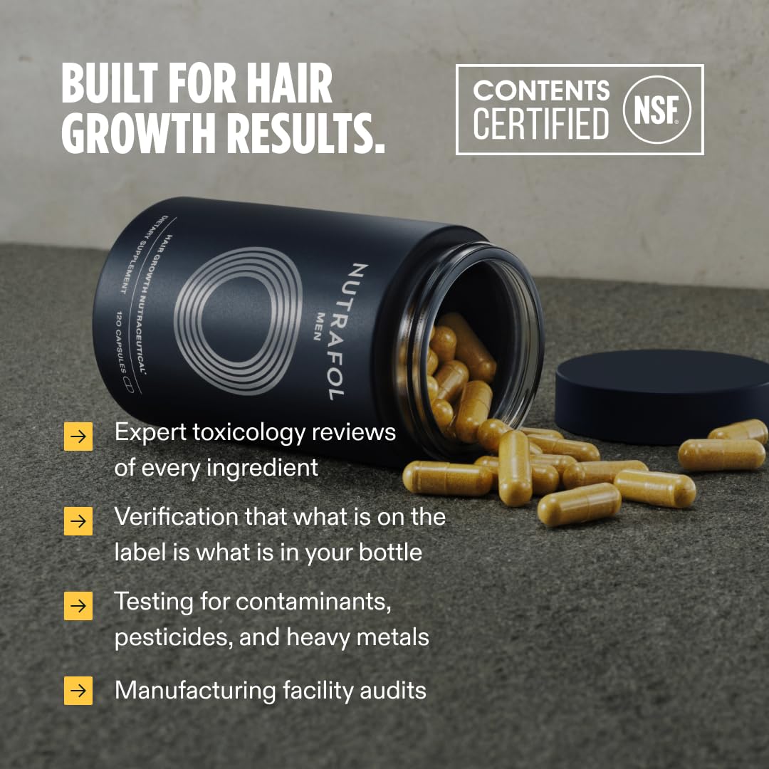 Nutrafol hair growth supplement with certification details on a gray background