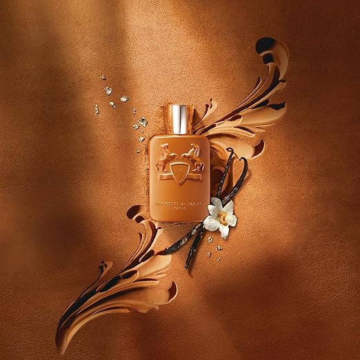 Perfume bottle with decorative elements on a brown background