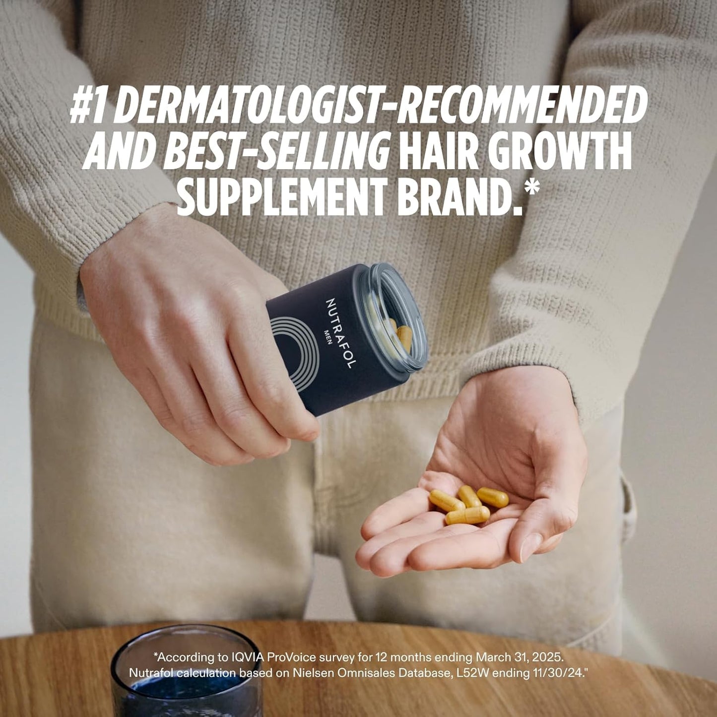 Person holding a container of hair growth supplement pills with text about dermatologist recommendation.