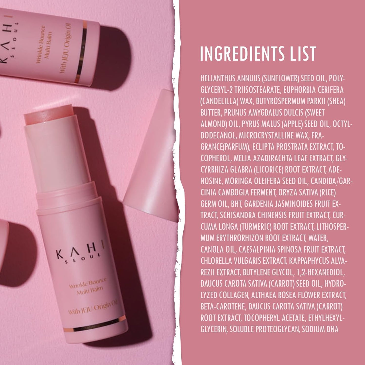 Pink skincare product with ingredients list on a pink background
