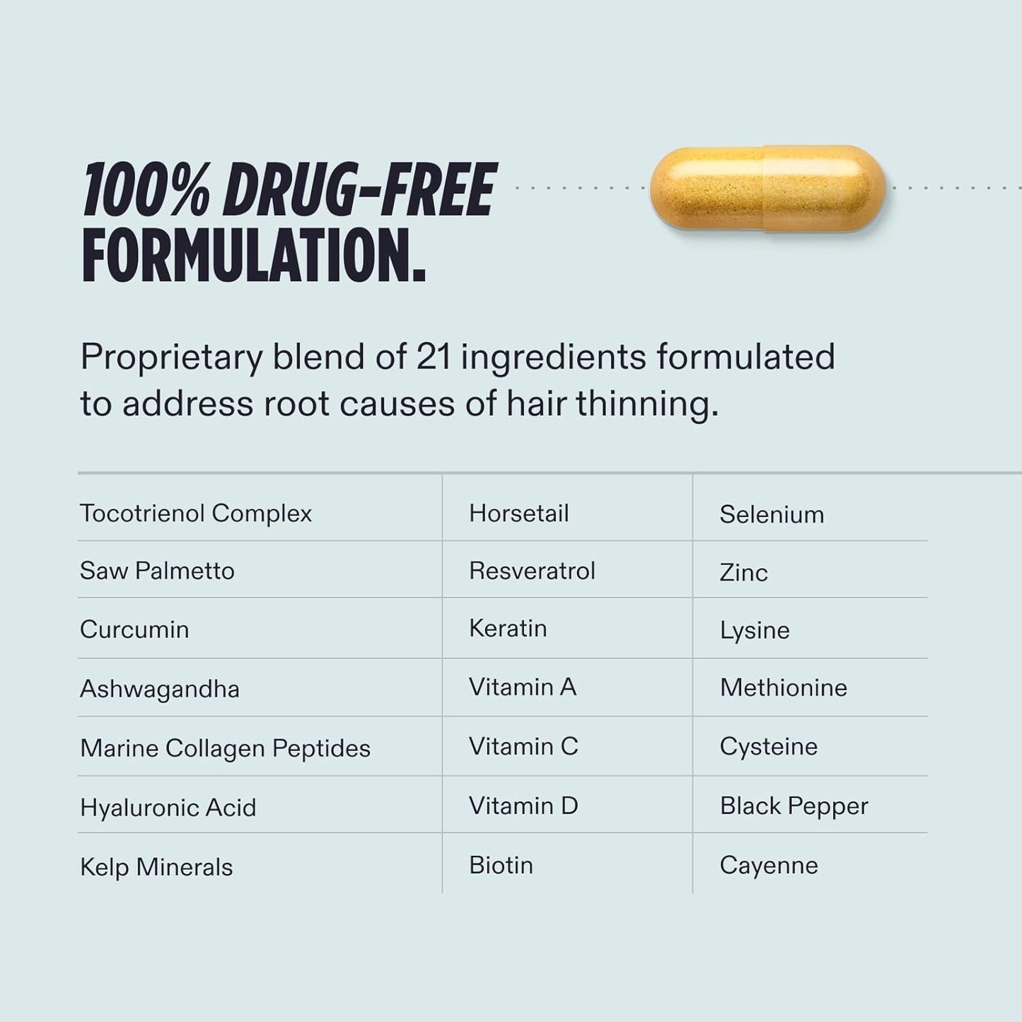 Product label with ingredients for hair thinning treatment on a light blue background