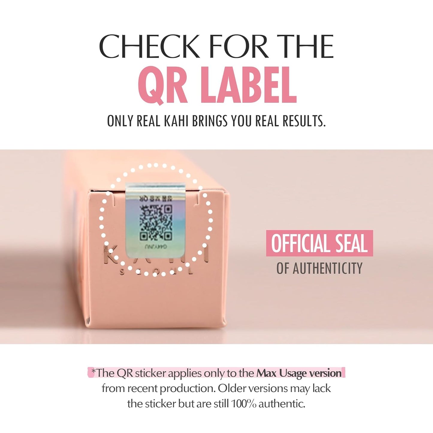 Product packaging with a QR label on a light pink background, featuring text about authenticity.