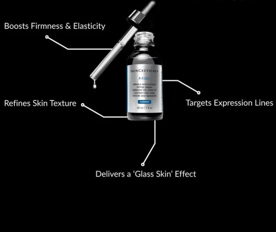 Skinceuticals serum bottle with dropper on a black background, highlighting product features.