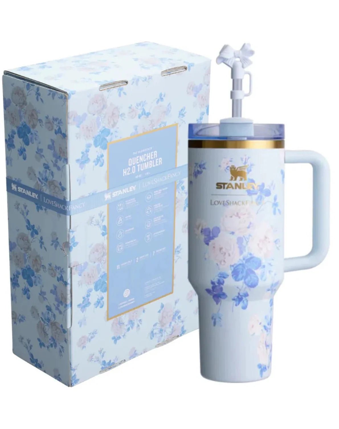Floral-patterned tumbler with a matching box on a white background