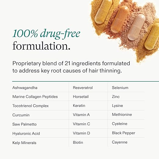 Supplement capsules with a list of ingredients on a white background
