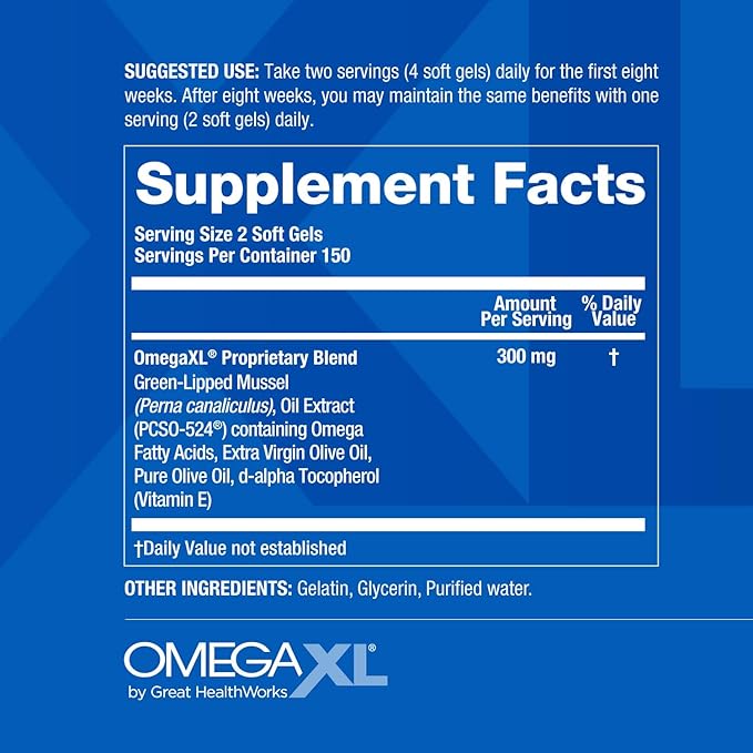Supplement facts label for OmegaXL on a blue background