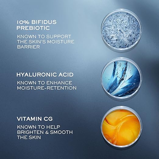 Three circular containers with different substances on a blue background, labeled as 10% Bifidus Prebiotic, Hyaluronic Acid, and Vitamin CG.