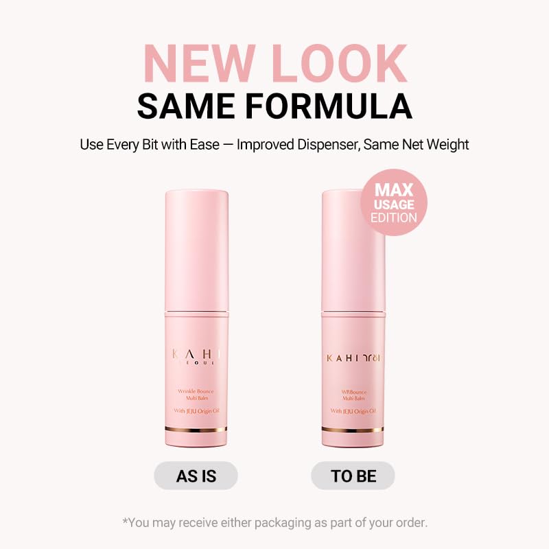 Two pink skincare bottles with text about a new look and same formula on a white background.
