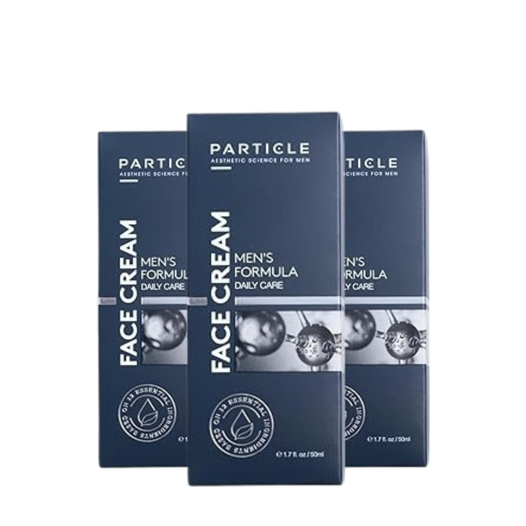 Three boxes of Particle Men's Formula Face Cream on a white background