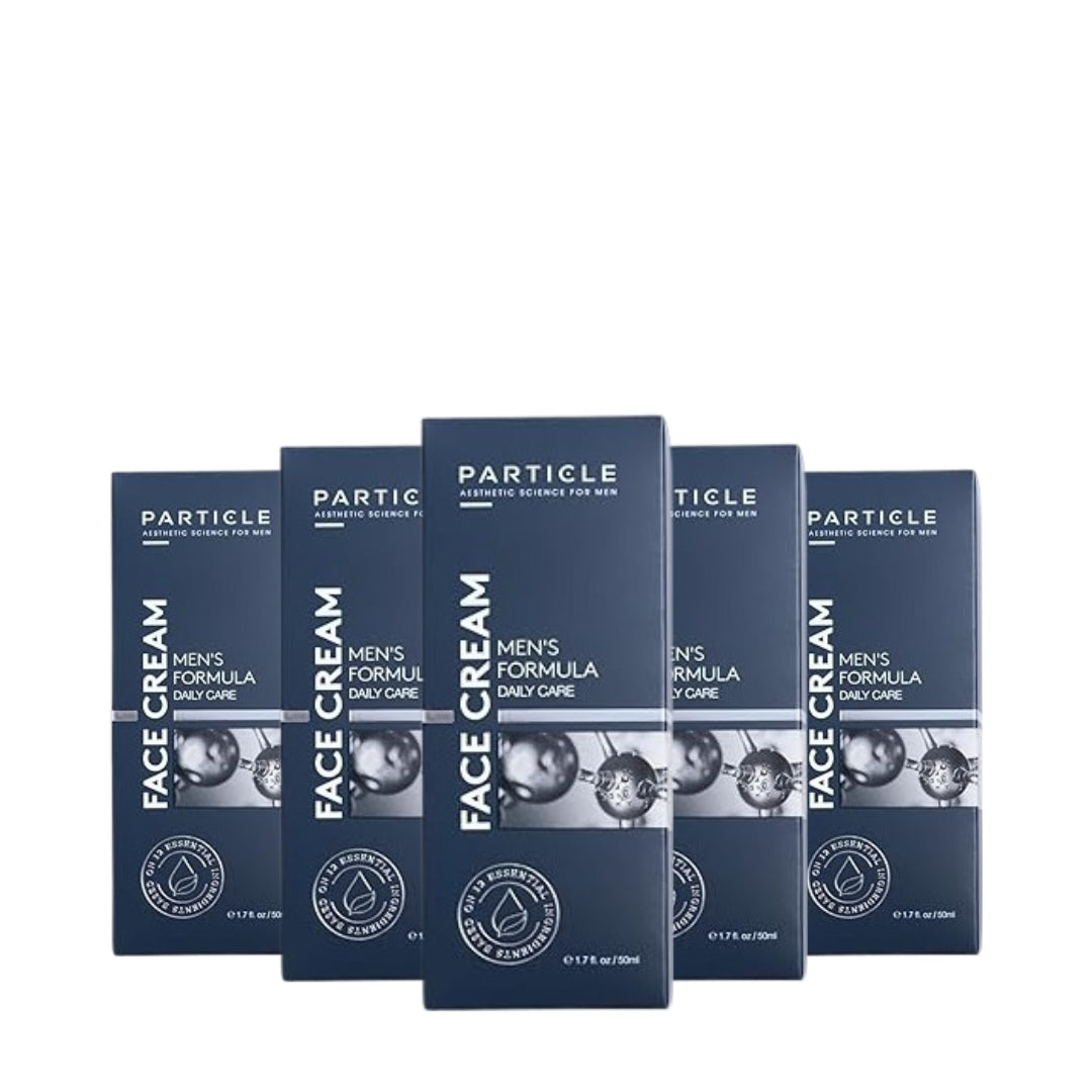 Five boxes of Particle Men's Formula Face Cream on a white background