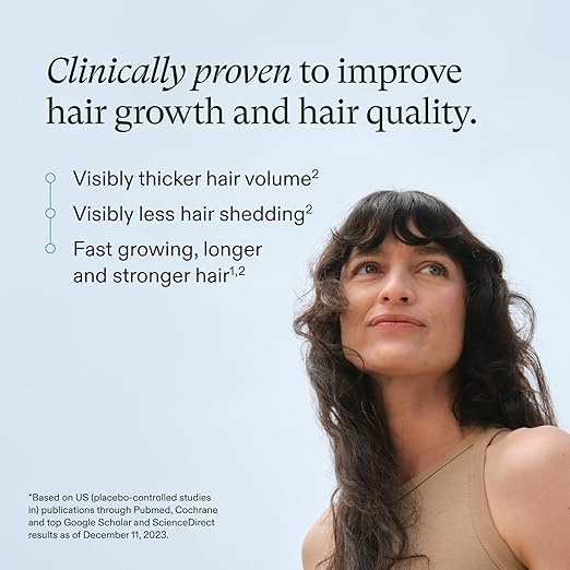 Woman with long hair against a light blue background with text about hair growth benefits.