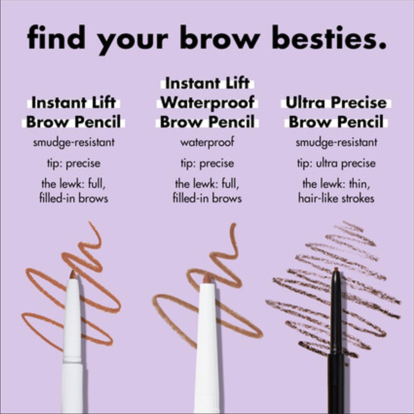 Comparison graphic of e.l.f. brow pencils showing Instant Lift, Instant Lift Waterproof, and Ultra Precise Brow Pencil with swatches on purple background