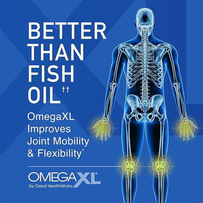 Advertisement for OmegaXL showing a human skeleton with highlighted joints on a blue background.