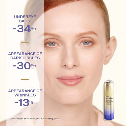 Advertisement for a skincare product showing a woman's face with text indicating reduced appearance of undereye bags, dark circles, and wrinkles.