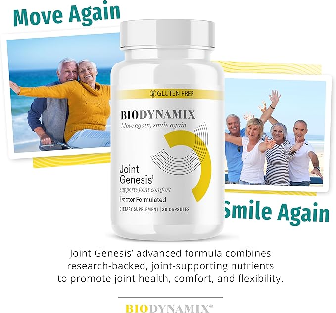 BIODYNAMIX Joint Genesis supplement bottle with promotional text and images of people enjoying activities.