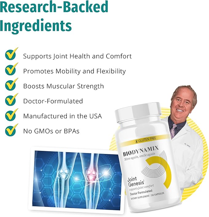 Biodynamix Joint Genesis supplement bottle with a doctor and joint illustration on a white background