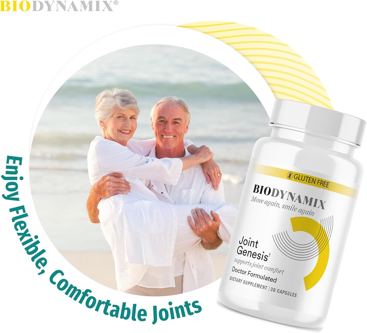 Biodynamix Joint Genesis supplement bottle with an image of a couple on a beach.
