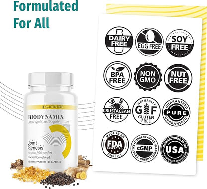 Biodynamix Joint Genesis supplement bottle with certification logos on a white background