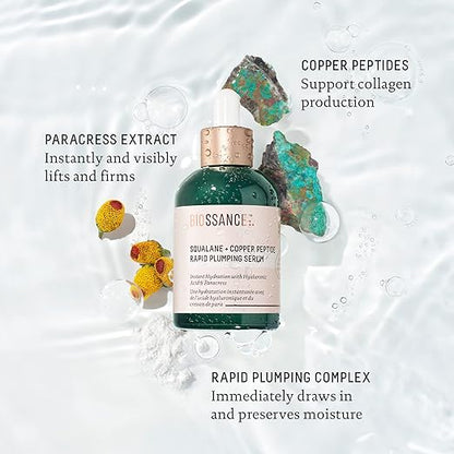 Biossance serum bottle with text about ingredients and benefits on a white background